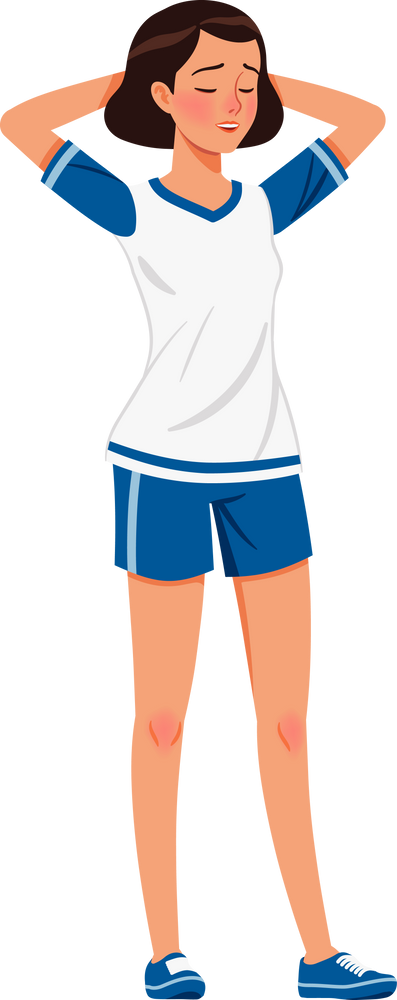 Sporty teenage girl, T-shirt, shorts boys outfit arms behind head